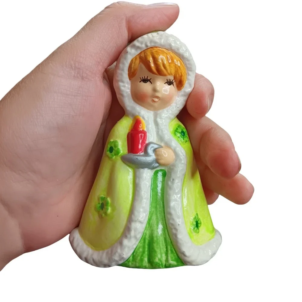 Vintage MCM Christmas Girl Figurine Korea Ceramic Green Candle‎ Holiday Decor